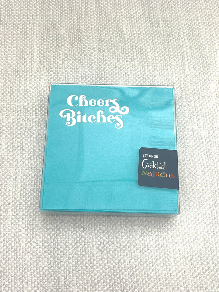 Cheers Bitches Silver Foil Blue Cocktail Beverage Napkin