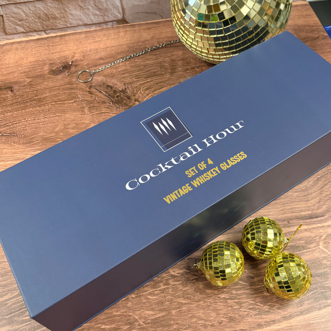 Cocktail Hour Set of 4 Blue and Gold Vintage Whiskey Glasses