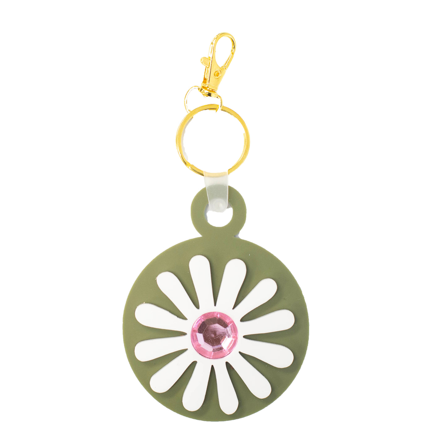 Retro Flower with Pink Rhinestone Round Acrylic Keychain