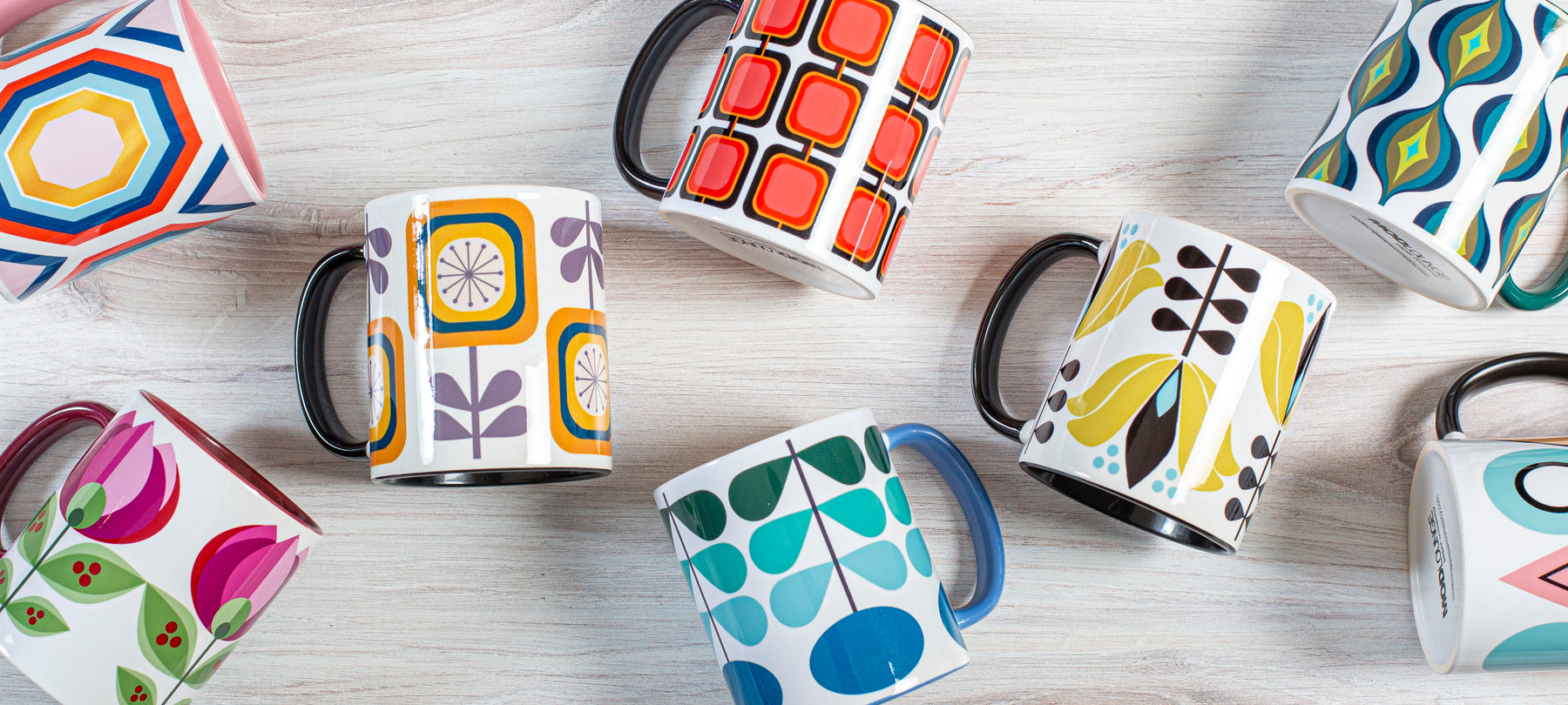 11 oz ceramic vintage mid century modern coffee mugs with danish, floral and geometric designs
