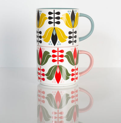 Red Lotus Flower Mid Century Modern Stackable Matte Coffee Mug