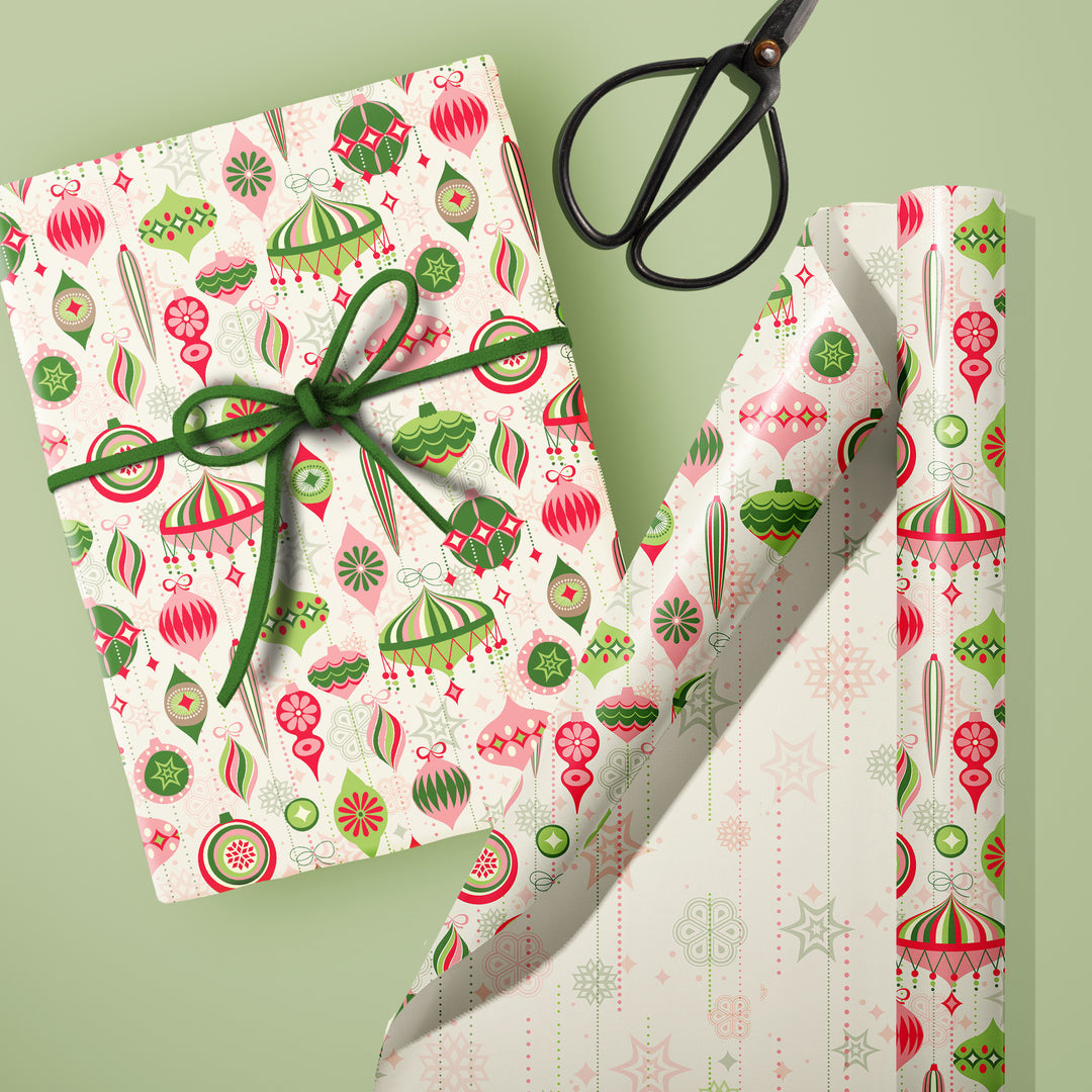 Retro Ornaments Pink and Green Double Sided Holiday Gift Wrap Single Sheet