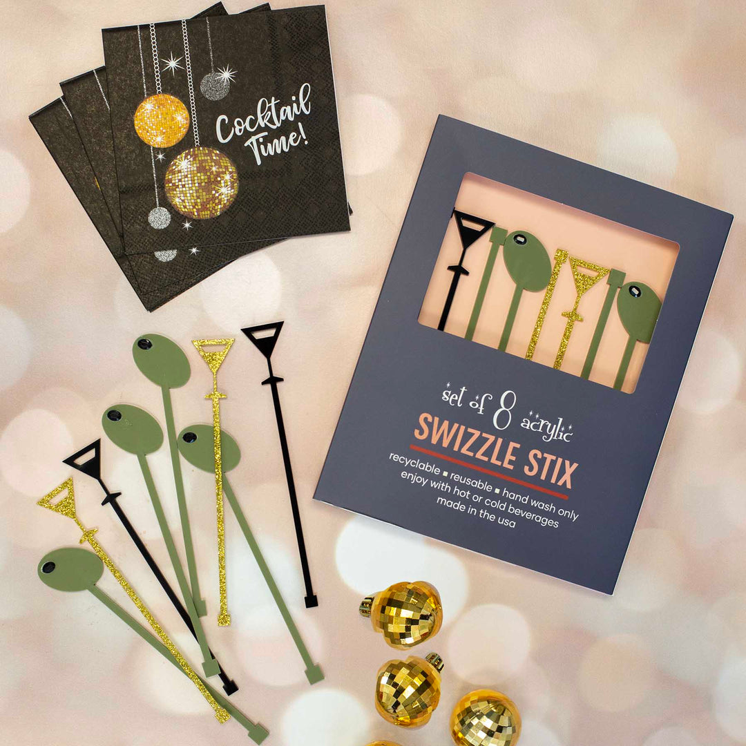 Martini and Olive Black and Gold Acrylic Beverage Stirrer Swizzle Stix