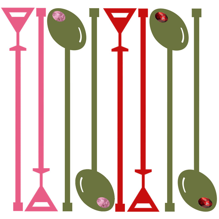 Set of 8 pink and red martini and olive with gemstones bachelorette barware and glam gifting