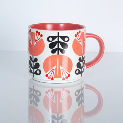 15oz mid century modern coral pink lily flower stackable ceramic mug. Matte finish coffee mug