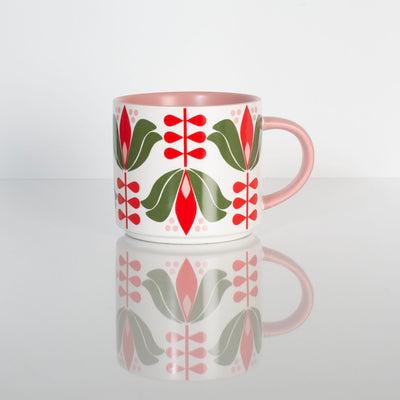 15oz mid century modern red and green lotus flower stackable ceramic mug. Matte finish coffee mug