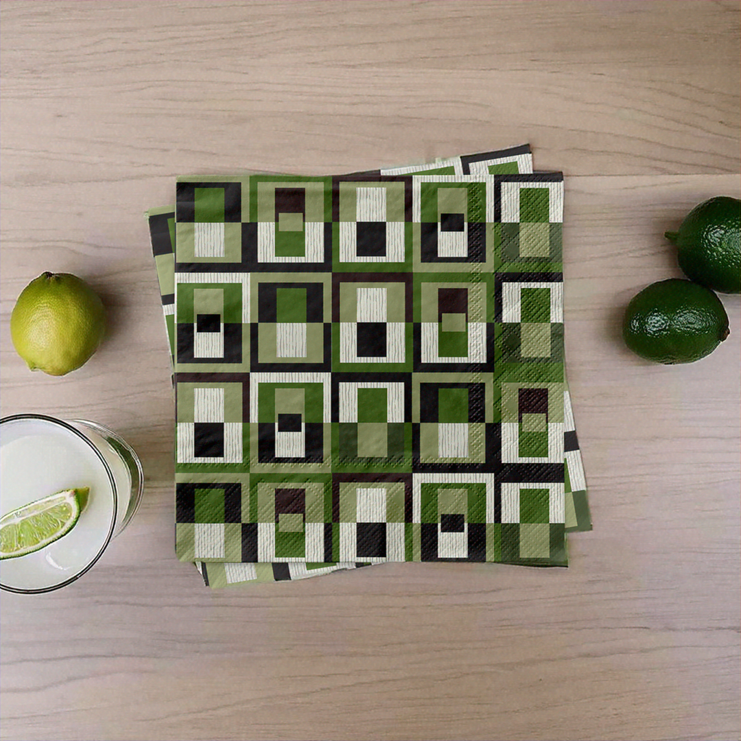 Green Square in Rectangle Mid Century Modern Cocktail Beverage Napkin
