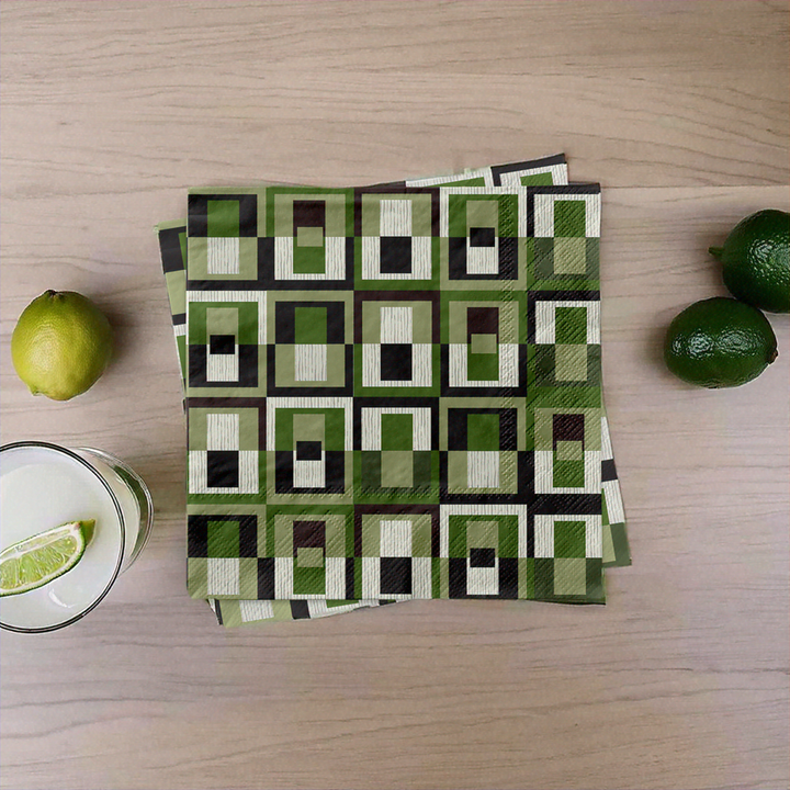 Green Square in Rectangle Mid Century Modern Cocktail Beverage Napkin