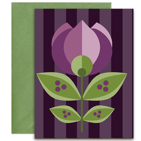 Mid Century Modern Purple Tulip Notecard is perfect for when you need to send a message that can be admired from afar. Not only will it add a touch of sophistication to your desk, it'll have your friends and family swooning over the classic tulip motif and luxe folded paper.