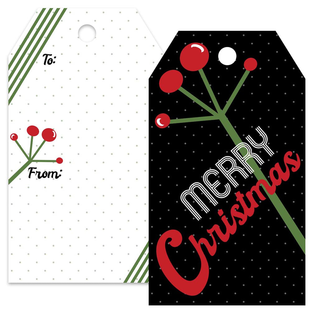 double sided holiday christmas gift tag with mid century modern bold black, red and green design