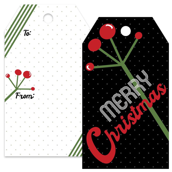 double sided holiday christmas gift tag with mid century modern bold black, red and green design