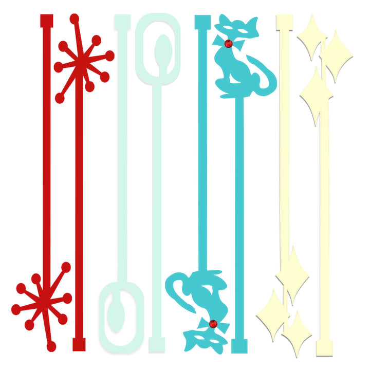 Set of eight colorful mid century modern stir sticks with unique retro designs. Retro barware and gifts for host/hostess and housewarming