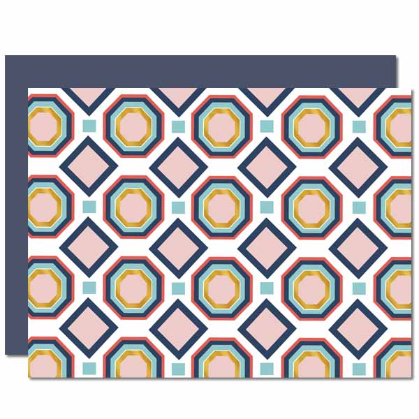 Hexagon Blush and Blue Mid Century Modern Single Notecard