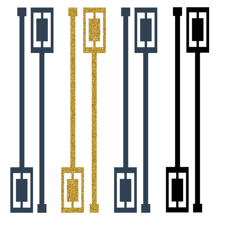 Set of four mid century modern swizzle sticks drink stirrers in blue, gold and black.