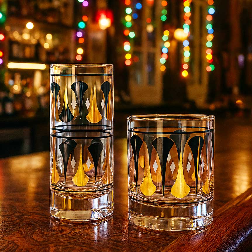 Black and Gold Mid Century Vintage Cocktail Glasses