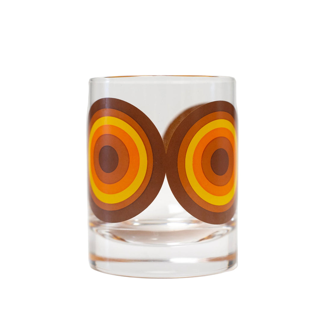 orange and brown 70's inspired geometric circles whiskey glass for class cocktails, old fashioneds, manhattans, whiskey,bourbon and scotch neat or on the rocks