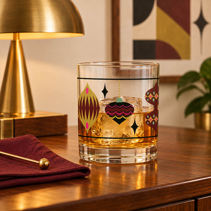 Retro Ornaments Holiday Whiskey Rocks Cocktail Glass