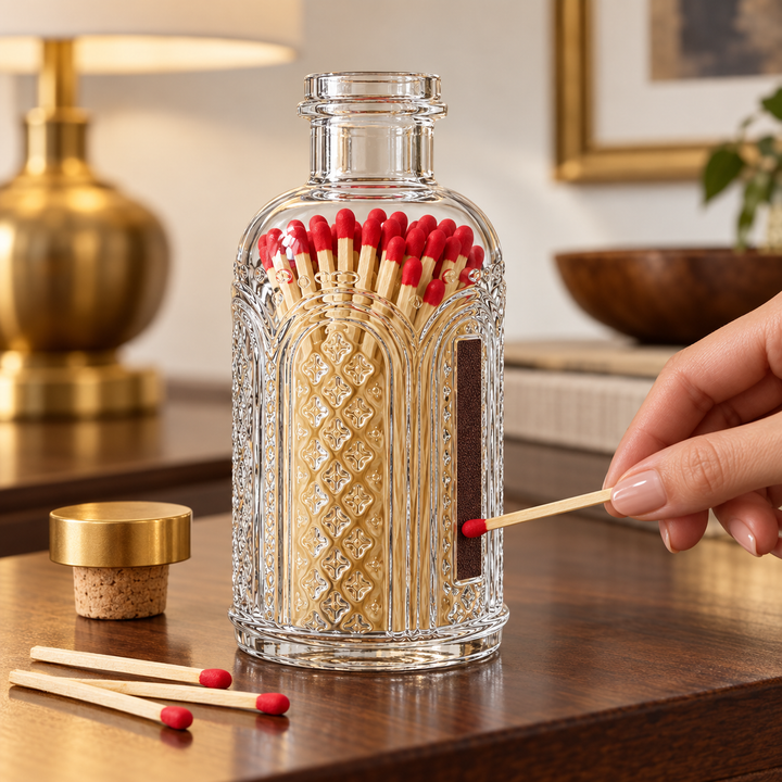 Red Tip Matches in Vintage Glass Jar