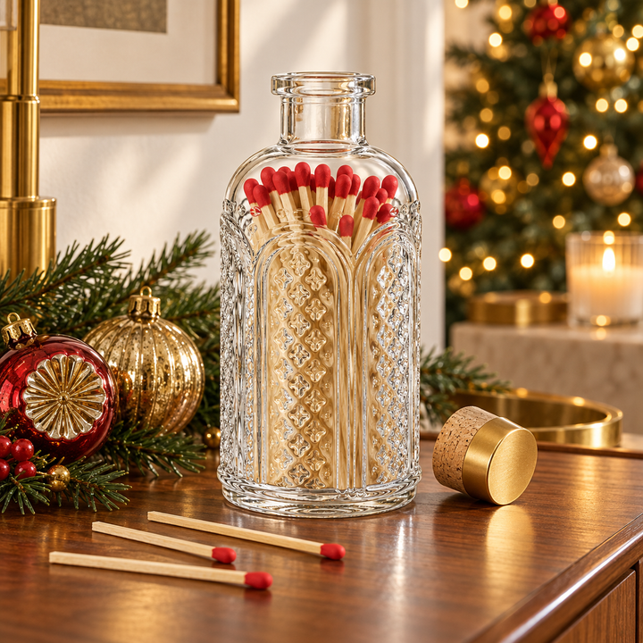 Red Tip Matches in Vintage Glass Jar