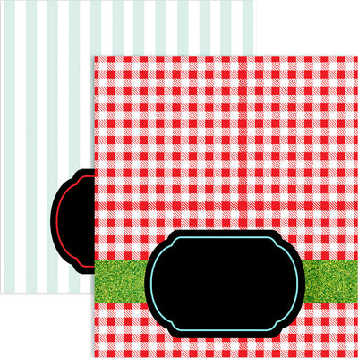 summer barbecue bbq double sided place card, food buffet cards, gingham name tags