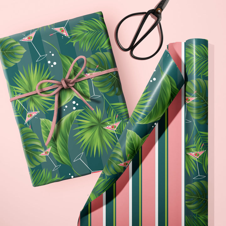 Martini summer palm tree double sided striped pink white green blue gift wrap craft sheet wrapping paper