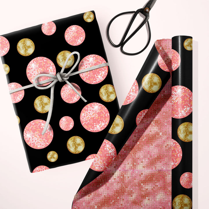 Sparkly retro disco ball pink and gold vintage double sided gift wrap craft sheets wrapping paper