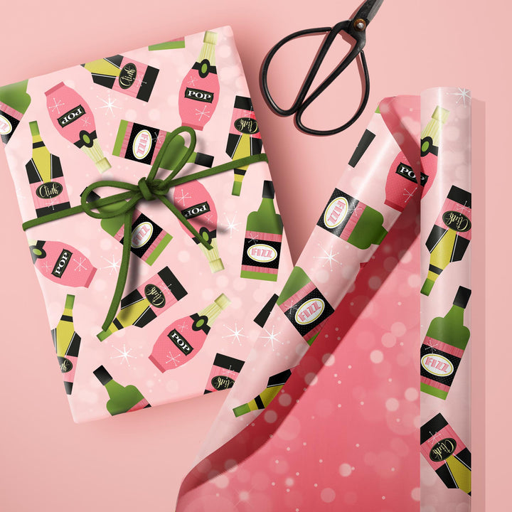 pink champagne bubbly pop clink fizz double sided bridal shower bachelorette gift wrap Craft sheets wrapping paper
