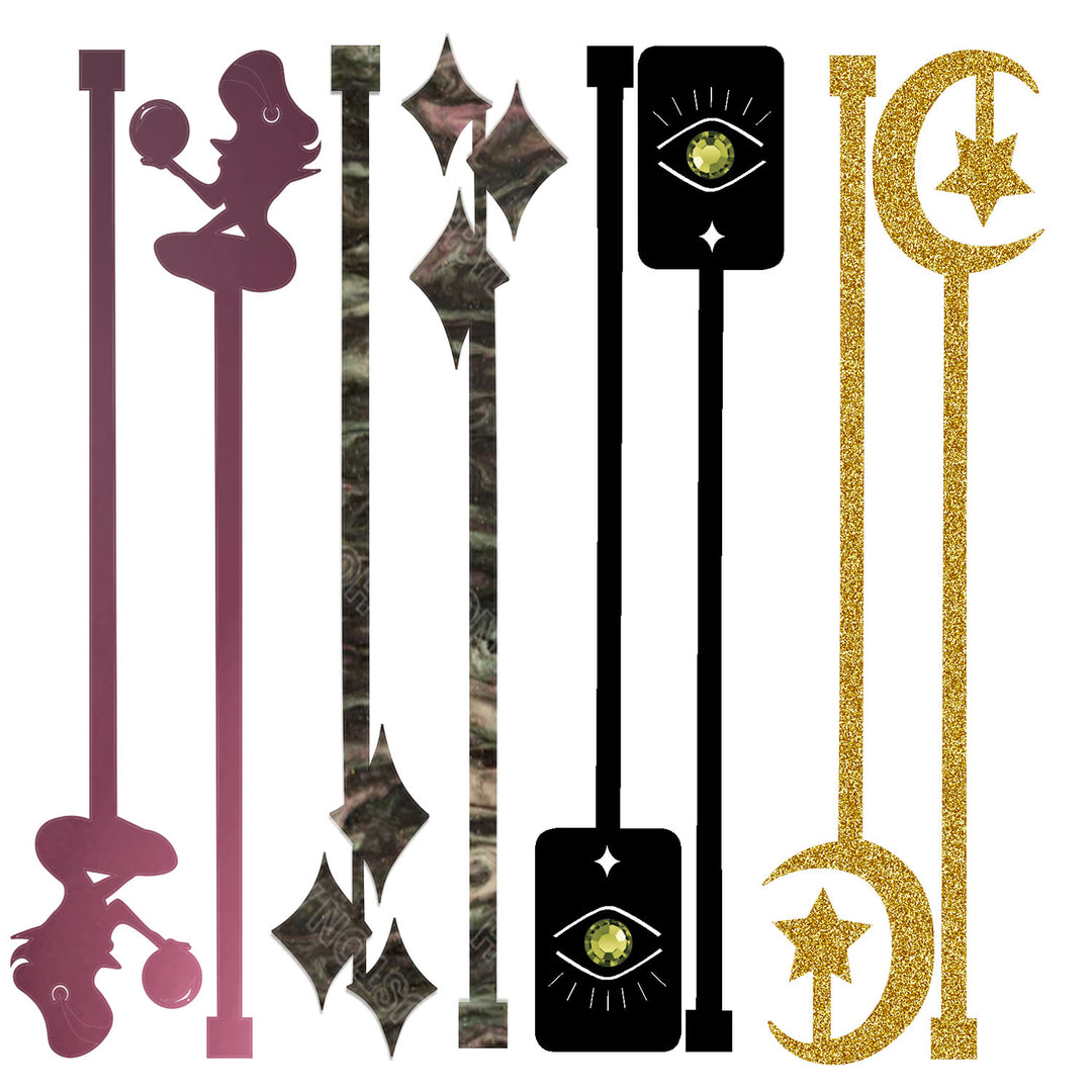 Set of 8 acrylic decorative beverage mixing swizzle sticks with various spiritual designs including an evil third eye, tarot with rhinestone, psychic girl gypsy and stars in gold glitter moon