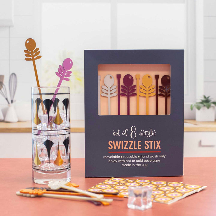 Purple Flowers Mid Century Modern Acrylic Beverage Mixing Swizzle Stix