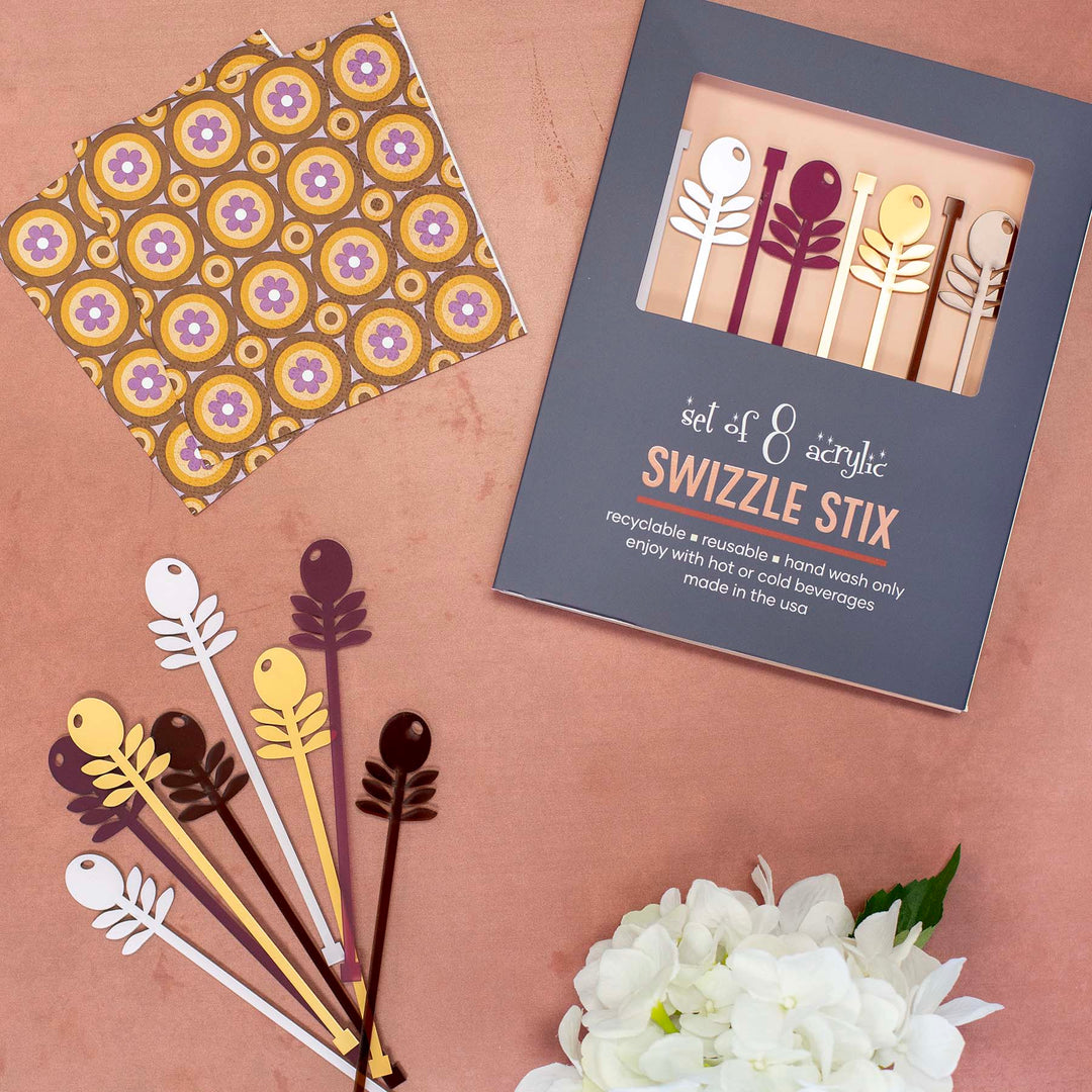 Purple Flowers Mid Century Modern Acrylic Beverage Mixing Swizzle Stix