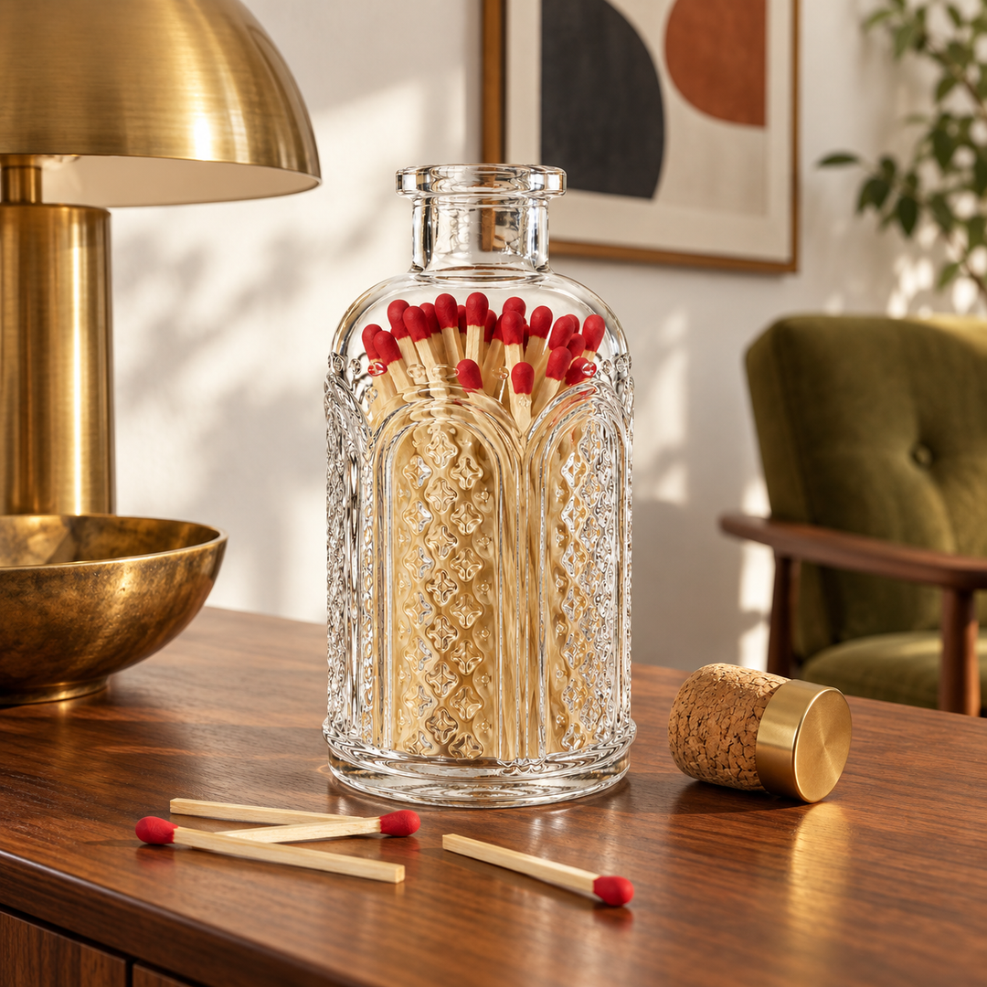 Red Tip Matches in Vintage Glass Jar