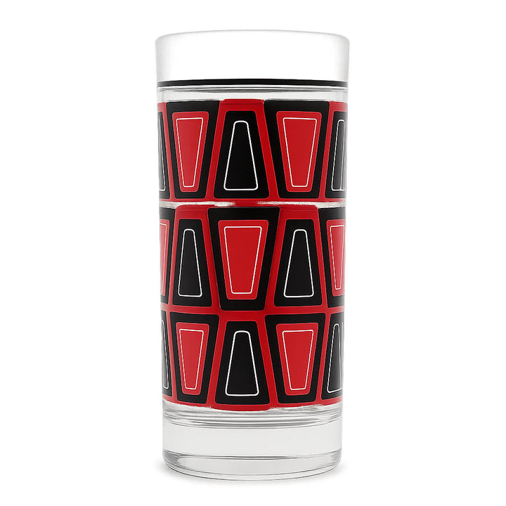 retro highball cocktail glass with red and black mid century modern geometric pattern 