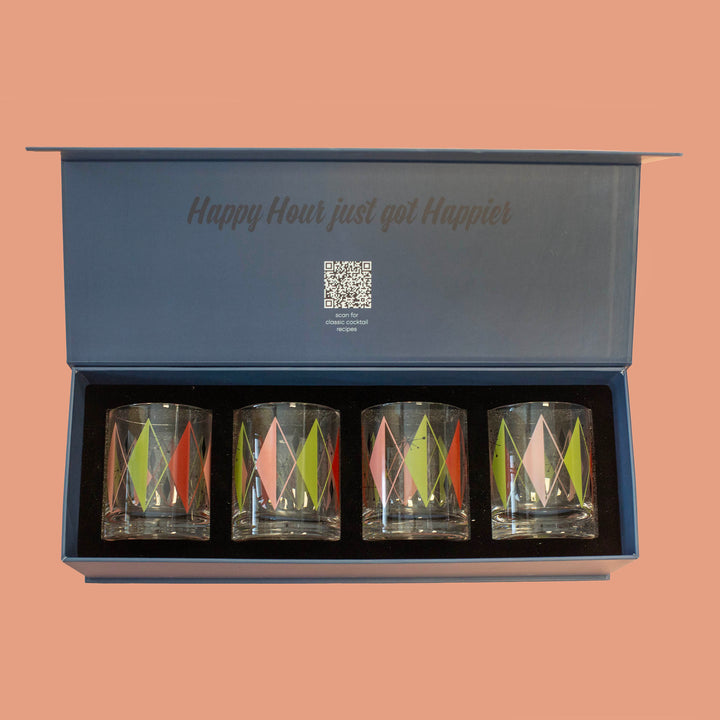Cocktail Hour Set of 4 Retro Diamonds Vintage Whiskey Glasses
