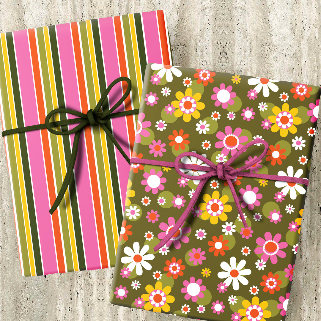 Groovy Retro Floral Bunch Double Sided Gift Wrap Craft Sheets