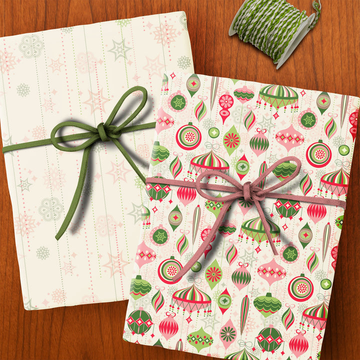 Retro Ornaments Pink and Green Double Sided Holiday Gift Wrap Single Sheet