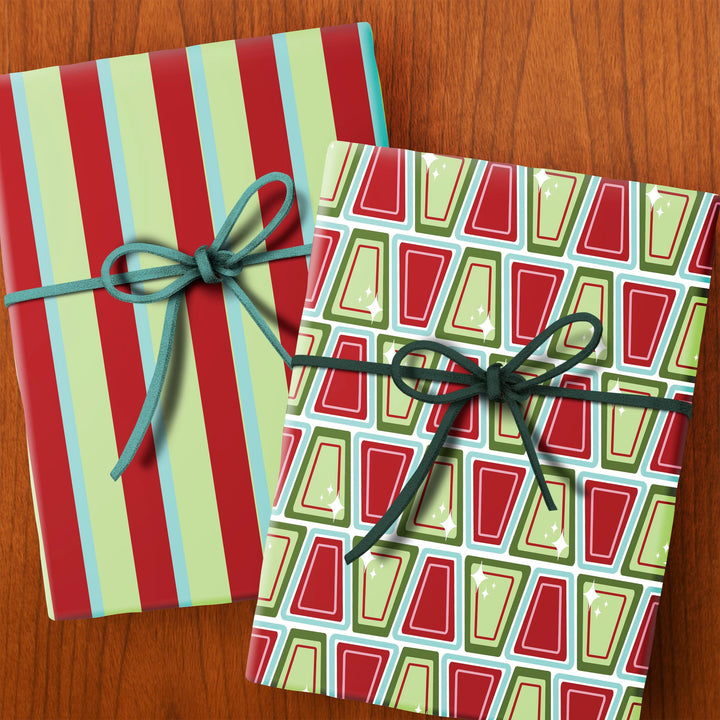 Retro Shape Red and Green Holiday Double Sided Gift Wrap Sheet