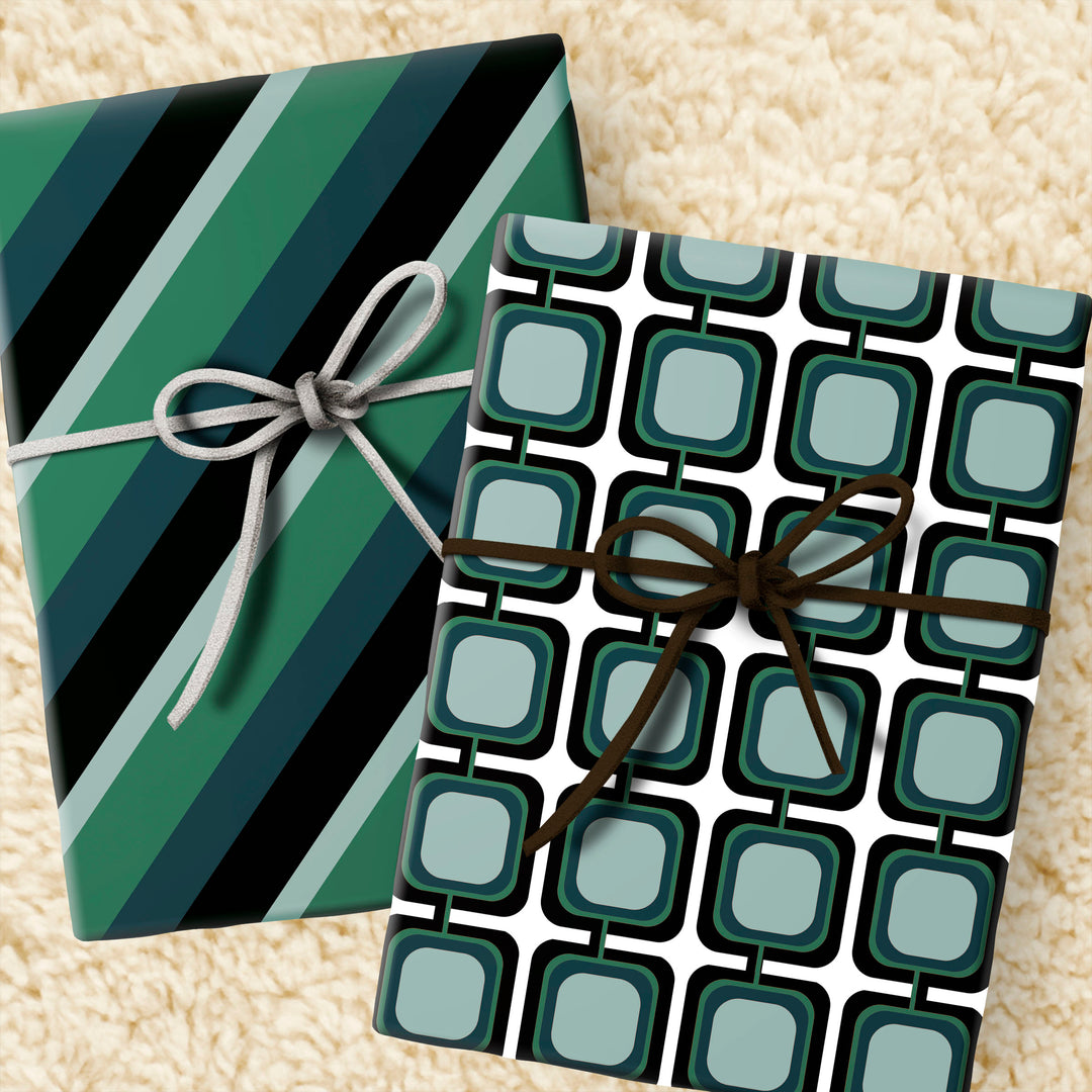 Blue Retro Squares Mid Century Double Sided Gift Wrap Craft Sheets