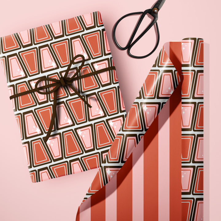Retro pink red block mid century modern striped pink and red gift wrap craft sheets wrapping paper