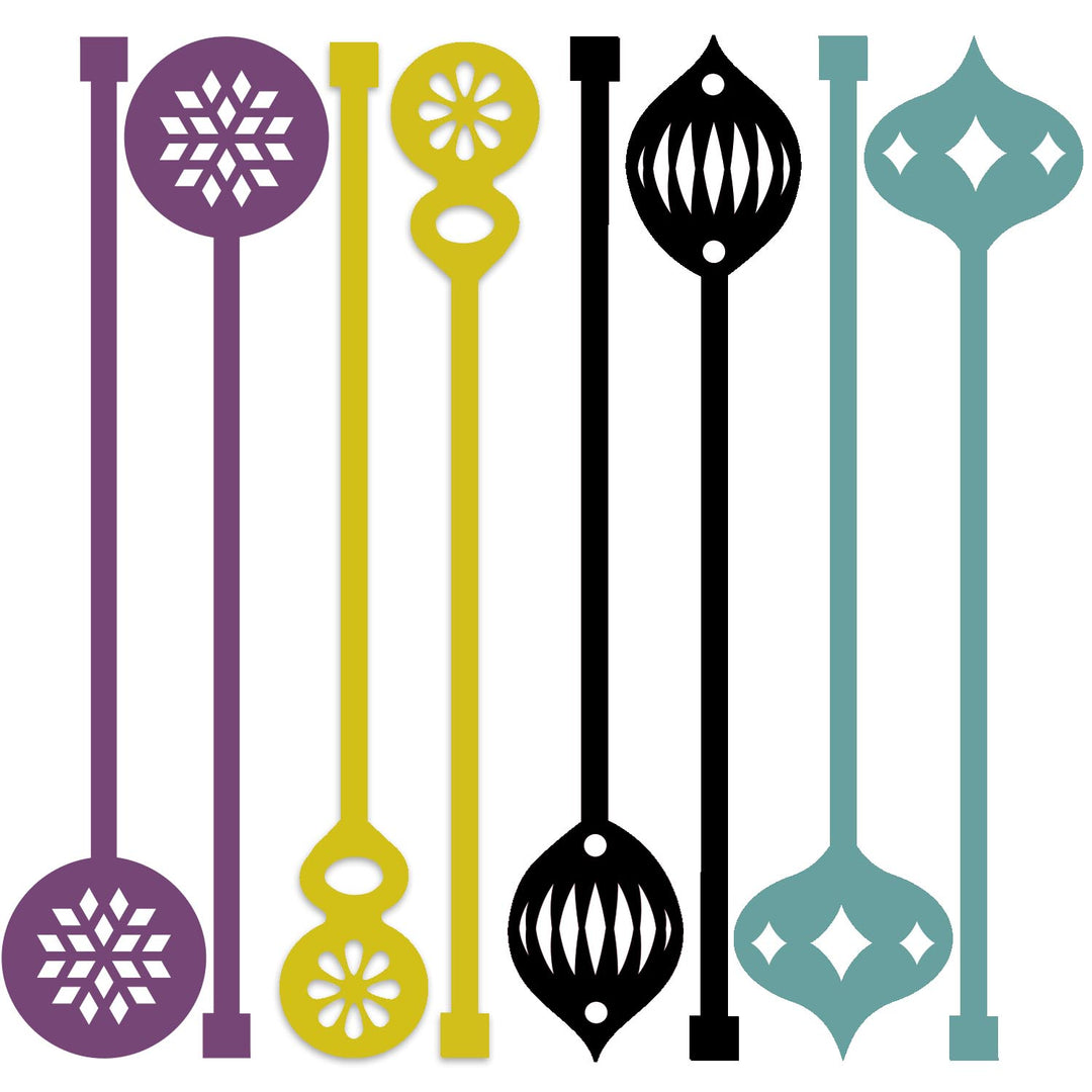 Set of decorative spoons with unique designs in purple, yellow, black, and teal on a white background.