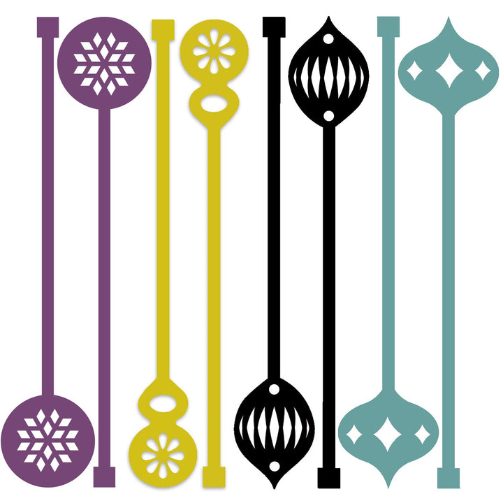 Set of decorative spoons with unique designs in purple, yellow, black, and teal on a white background.