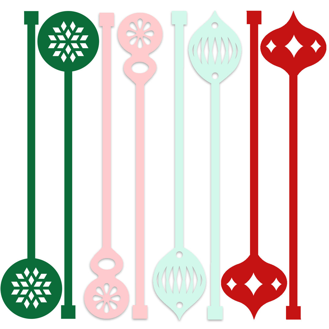 Set of four acrylic stir sticks in green, pink, pistachio aqua, and red beverage mixing swizzle drink stirrers