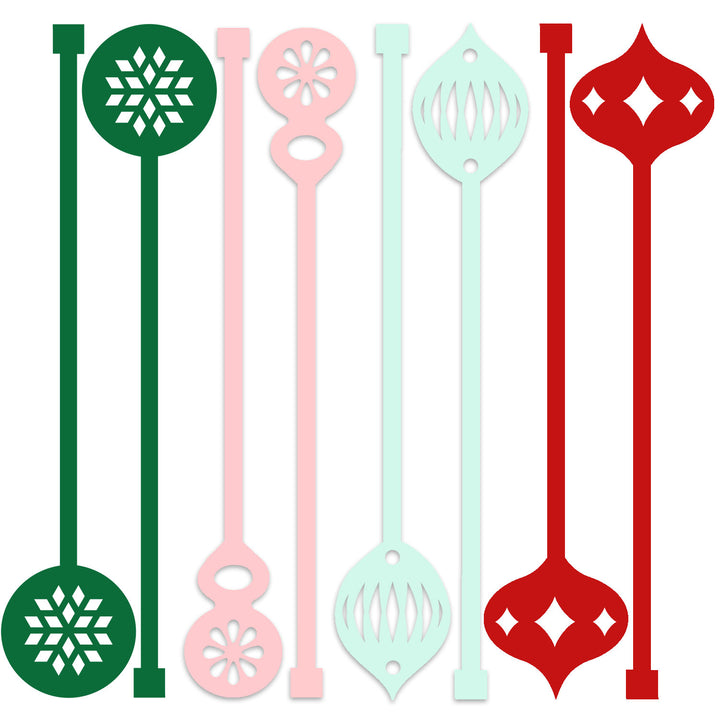 Set of four acrylic stir sticks in green, pink, pistachio aqua, and red beverage mixing swizzle drink stirrers
