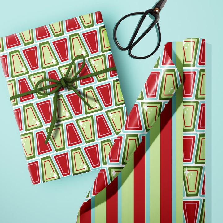 Retro red and green block Christmas holiday striped double sided vintage gift wrap craft sheets wrapping paper