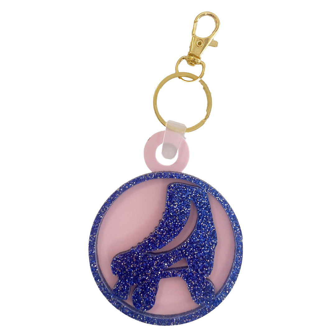 Retro glitter blue roller skate on pink acrylic background keychain with lobster claw for backpack or purse