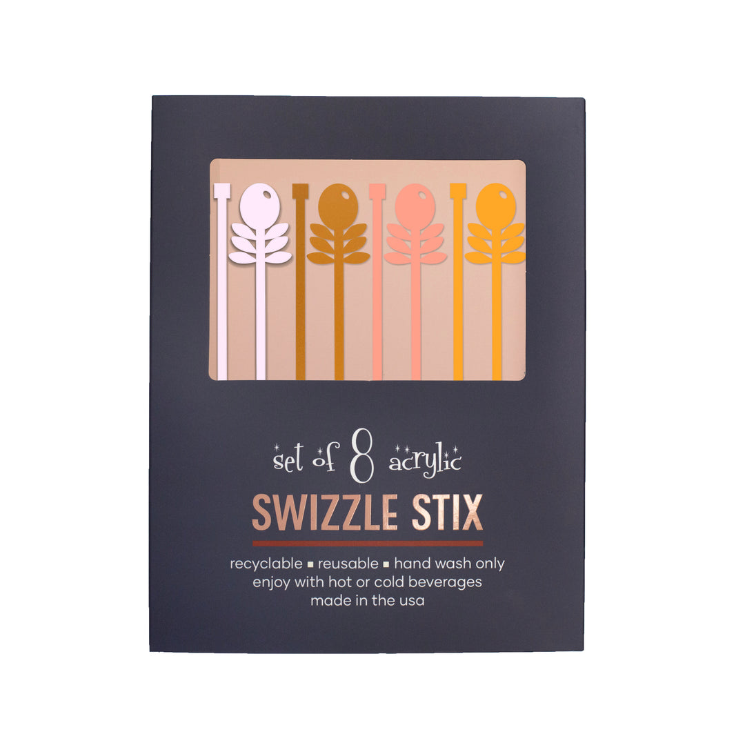 Pink Flowers Mid Century Modern Acrylic Drink Stirrer Swizzle Stix