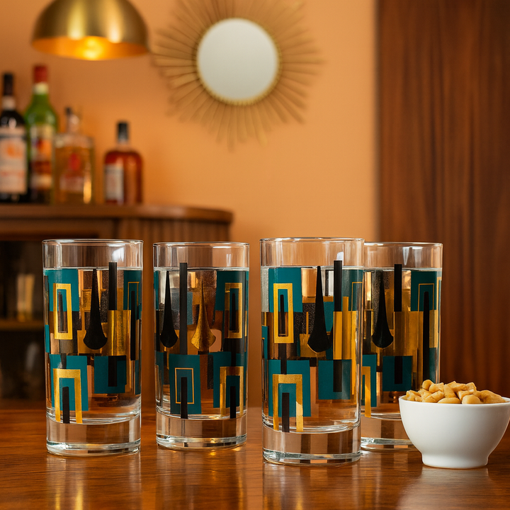 Blue and Gold Squares Mid Century Modern Vintage Cocktail Glasses