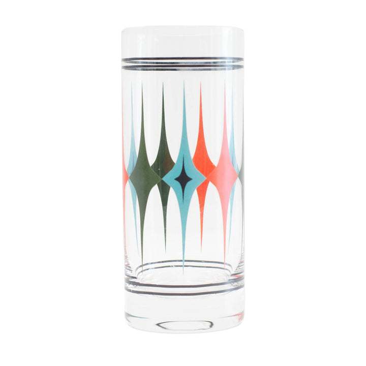A retro highball glass with a vintage diamond pattern design in nostalgic colors. Makes a great host or hostess or housewarming gift.