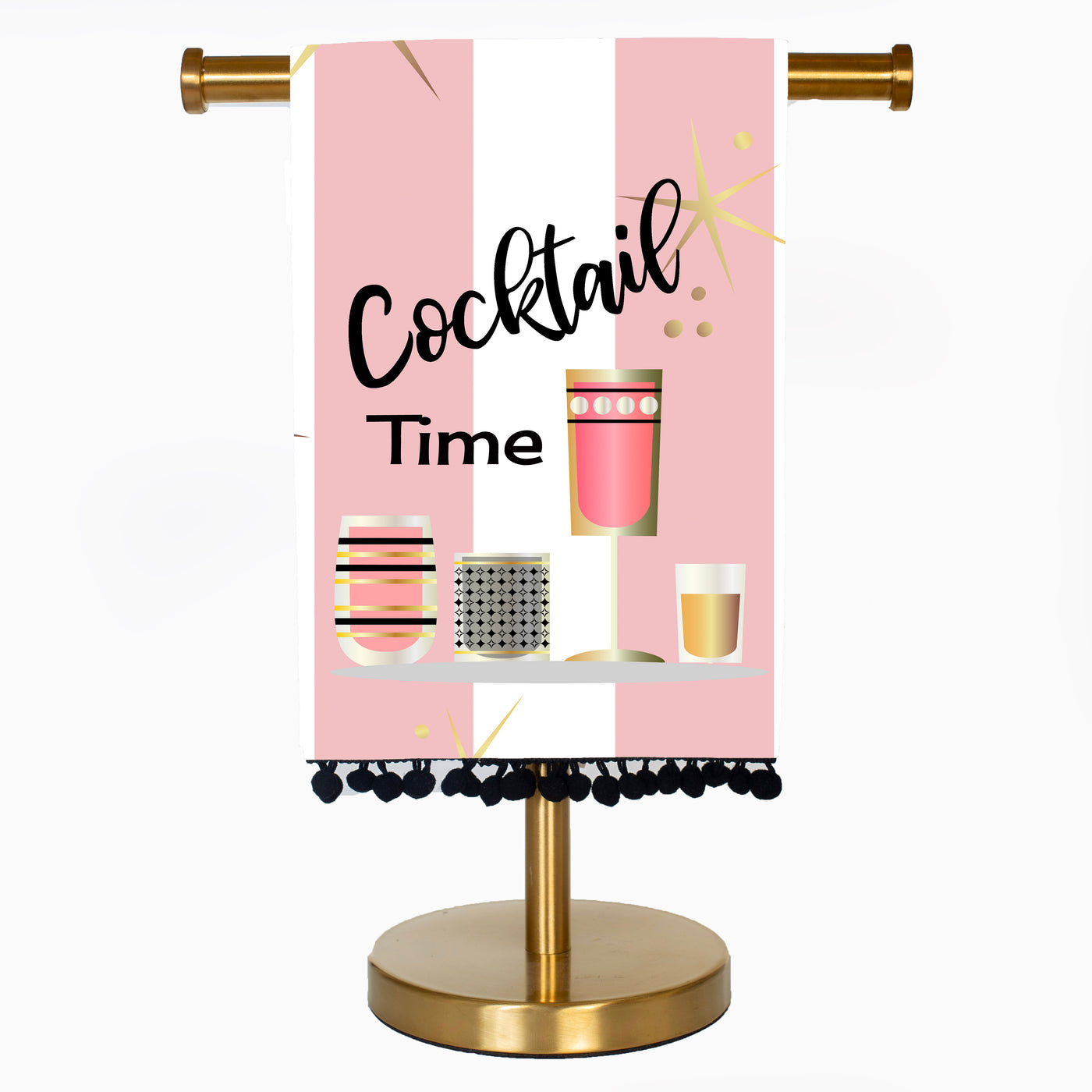 Cocktail Time Pink Retro Bar Tea Towel with trim