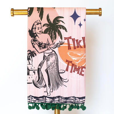 tiki time vintage hawaii bar towel with nostalgic chenille pom trim