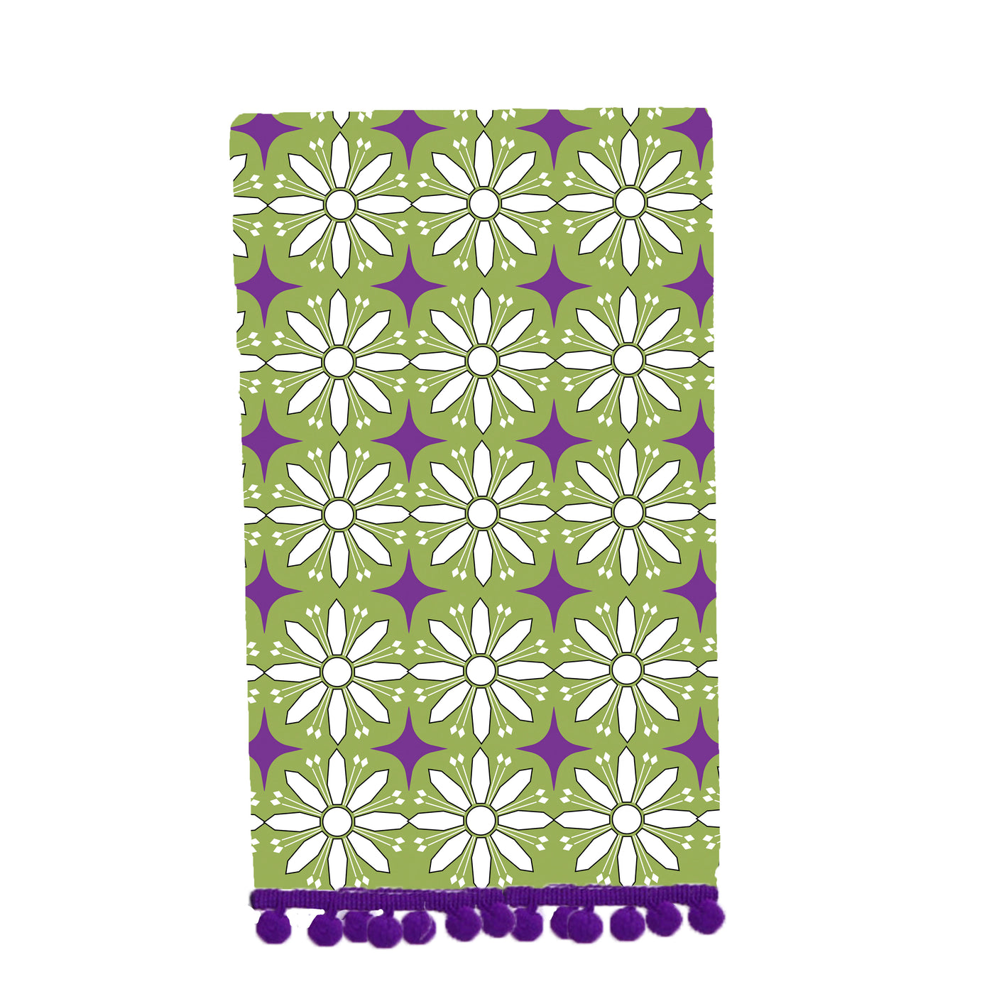 Hexagon Flower Green and Purple Tea Towel with Trim